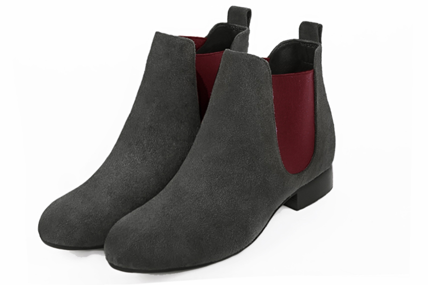 Dark grey and cardinal red dress booties for men. Round toe. Flat leather soles. Front view - Florence KOOIJMAN
